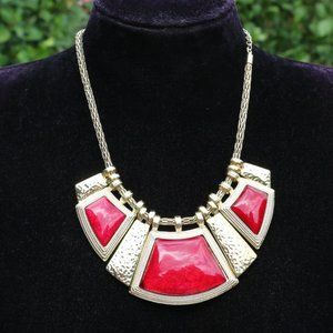 Boho Red & Goldtone Bib Statement Necklace